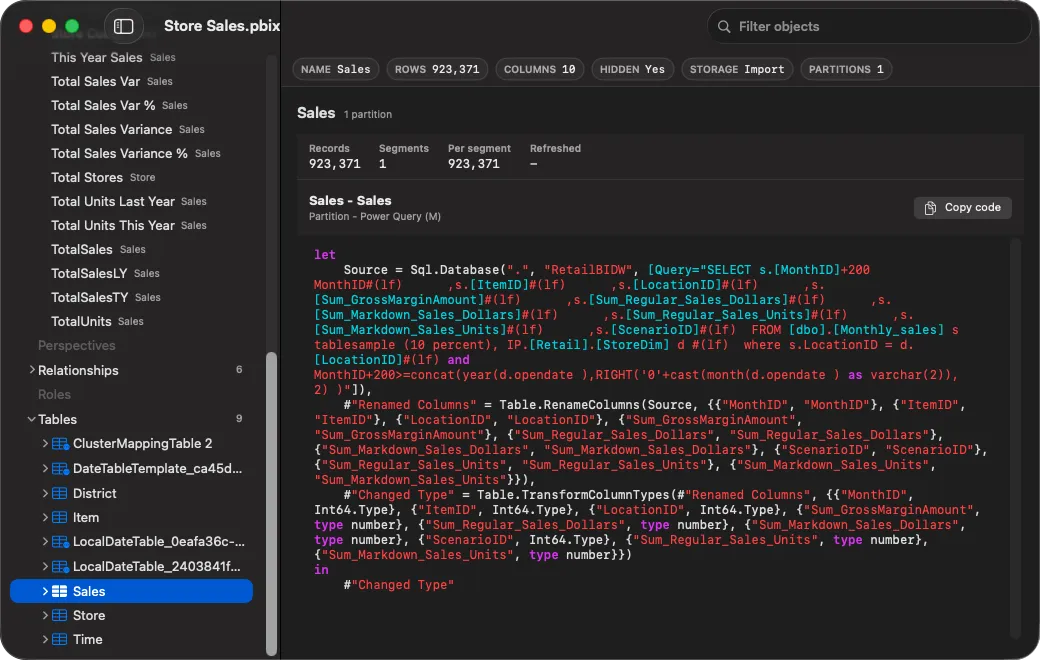 PBIXRay showing the Power Query M source of a table partition with syntax highlighting