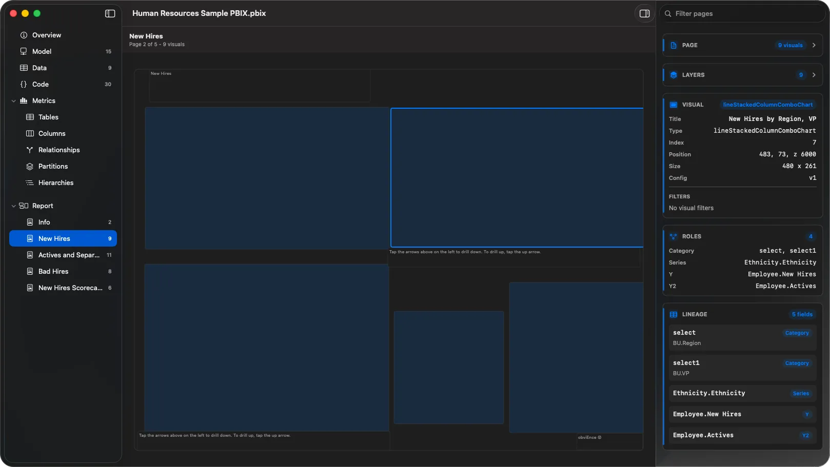 PBIXRay report inspector showing page wireframes and visual field lineage