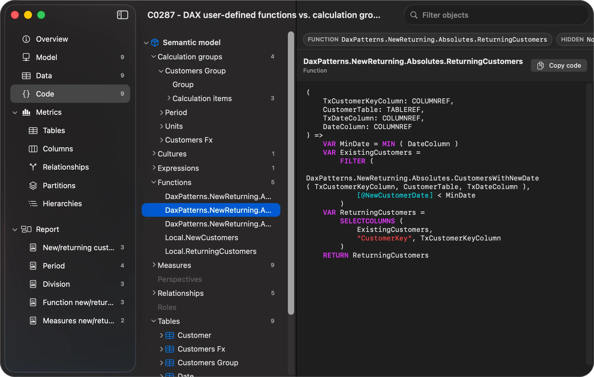 PBIXRay Code workspace showing a DAX user-defined function with syntax highlighting